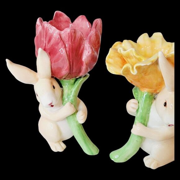 Set of 3 Magenta Seasonal Collection Ceramic Bunny Rabbit Candle Holder Flowers - Picture 2 of 15